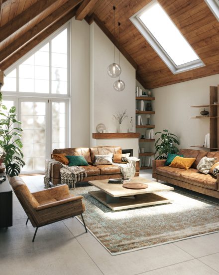 Heller Wohnraum unter Dachschräge mit Holzdecke und Sofa
